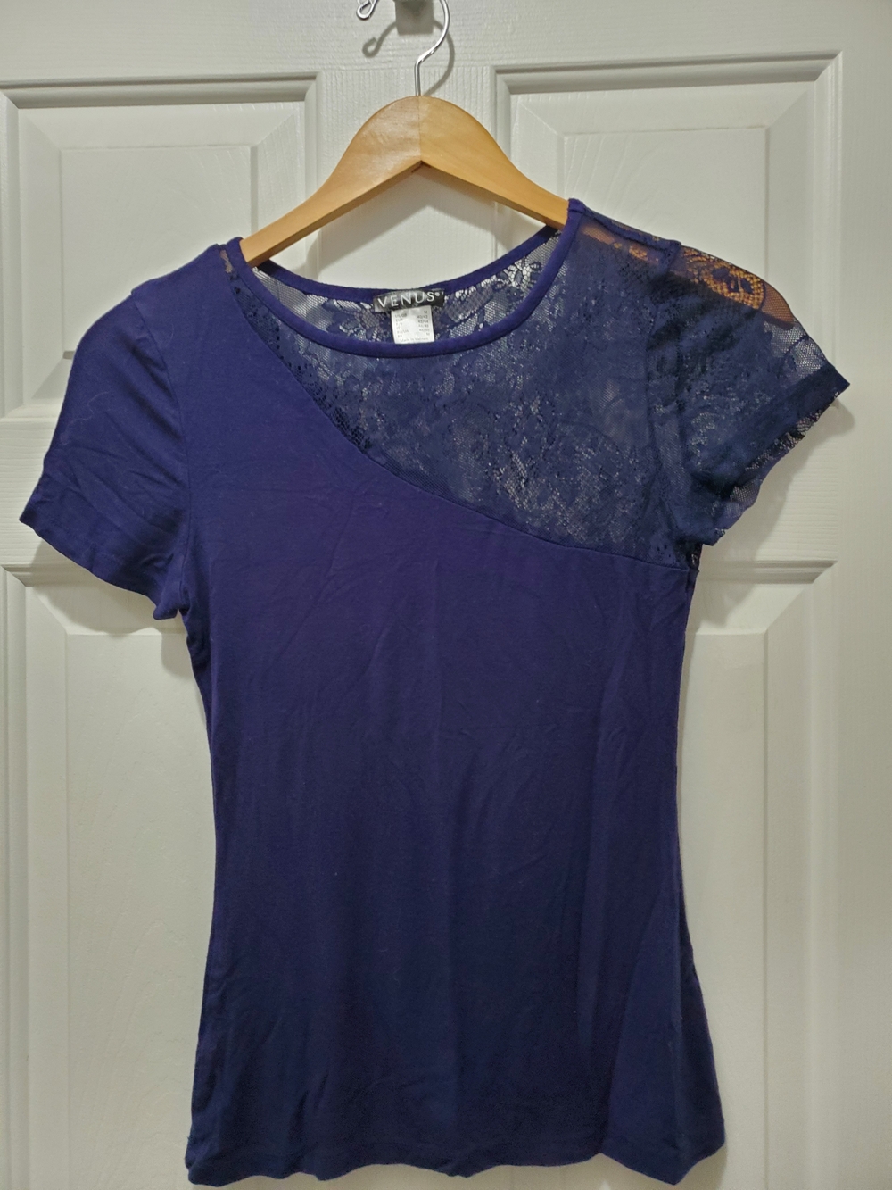 VENUS Navy Blue Lace Accent Short Sleeve Tee
